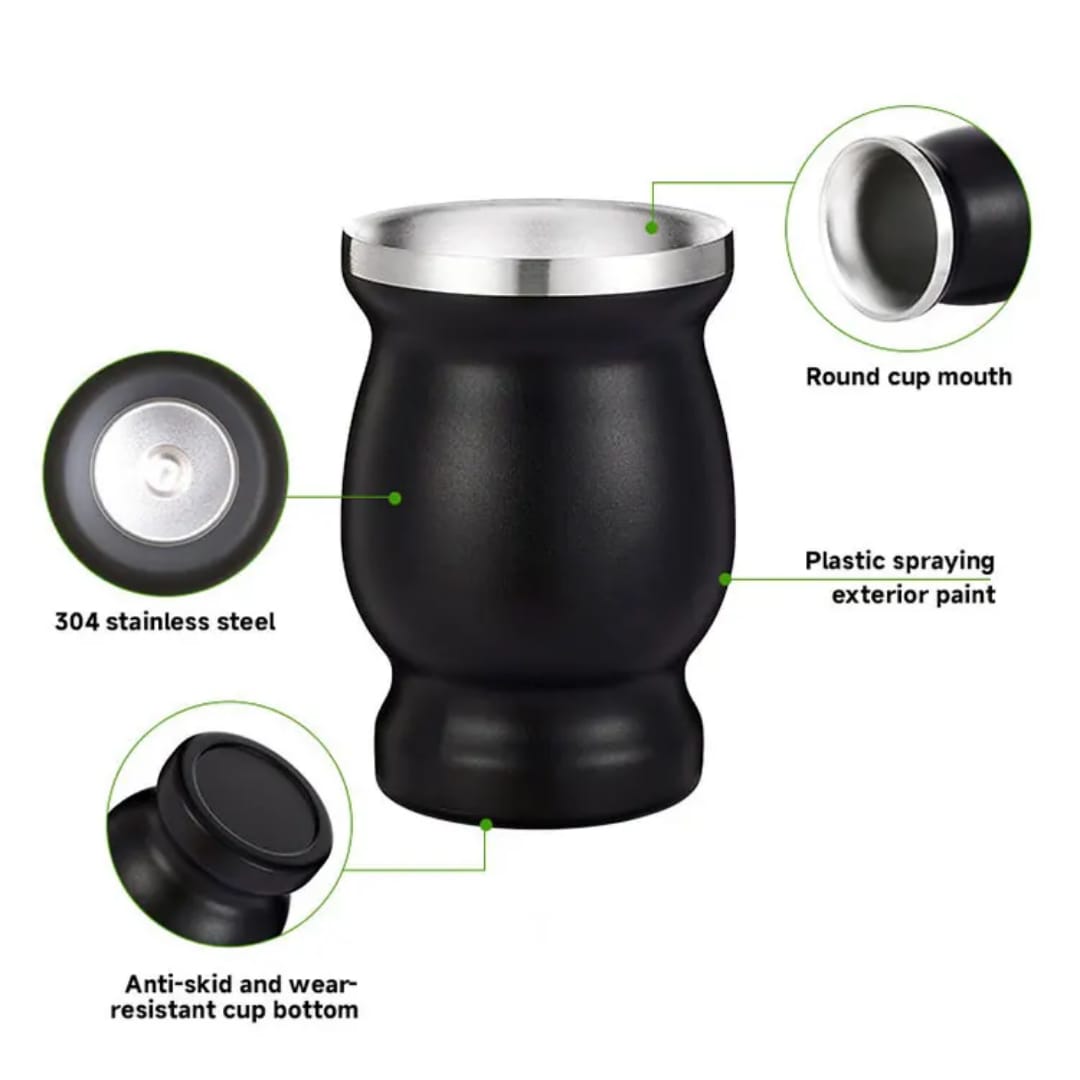 Liying Stainless Steel DoubleWall Mate Cup And Bombilla Set Yerba Mate set Includes One Yerba Mate Cup, 2 Bombillas Mate Straw and Brush black Cups