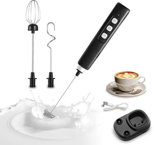 Liying Rechargeable Milk Frother Handheld with 3 Heads Silver Coffee Electric Whisk Drink Foam Mixer Mini Hand Stirrer with 3 Speeds Adjustable for Latte Cappuccino Hot Chocolate Egg Black coffee accessories