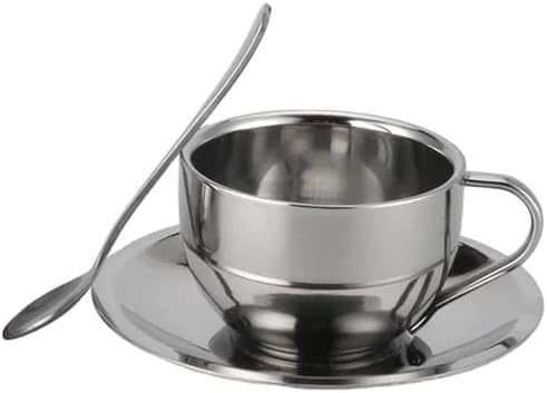 Liying 2Pcs Insulated Espresso Cup Stainless Steel Coffee Mugs Set (180ml), Double Walled Coffee Cup with Saucer and Spoon, Espresso Latte Cappuccino Milk Tea Cup