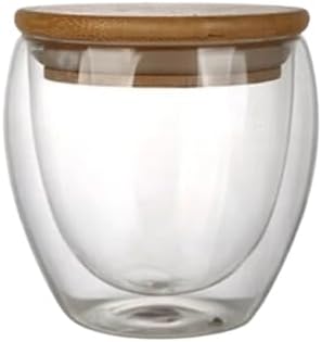 Liying Double-walled Borosilicate Clear Glass 200ML Coffee Mug with Bamboo Lid for Hot or Iced Coffee, Milk, Latte,Cappuccinos & Cocktails (Small)