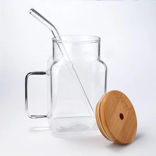 Liying 500ml Mug with Bamboo Lid and Glass Straw Set of 1 with Wide Mouth Reusable Drinking Glasses,Boba Cup, Smoothie Tumbler, Iced Coffee Cup, Travel Mug