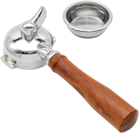 Liying 58mm Wooden Handle Portafilter with Single Spouts - Authentic Italian Portafilter with 2 Ears for Barista Series and Coffee Espresso Machine