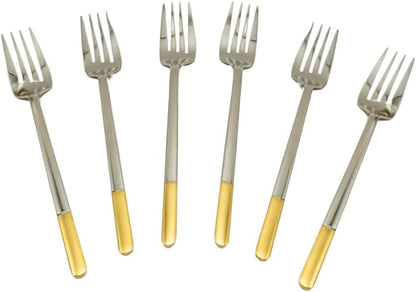 Liying 6Pcs Gold Topper Design Stainless Steel Dinner Fork Set 21cm x 2.5cm, Modern Silver Big Fork for Home, Kitchen, Restaurant, Fine Edge & Mirror Polished, Dishwasher Safe