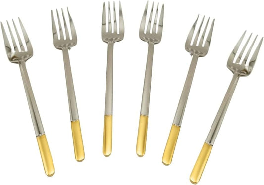 Liying 6Pcs Gold Topper Design Stainless Steel Dinner Fork Set 21cm x 2.5cm, Modern Silver Big Fork for Home, Kitchen, Restaurant, Fine Edge & Mirror Polished, Dishwasher Safe