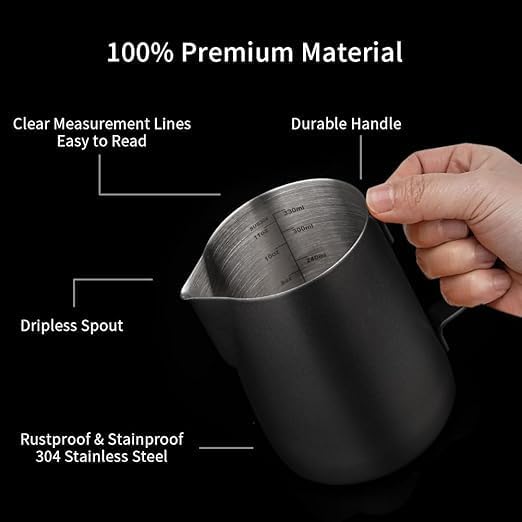 Liying Stainless Steel Milk Frothing Pitcher 350ml - Espresso Steaming Pitcher for Cappuccino, Latte Art, Coffee Machine Accessories Milk Jug Milk Frother Cup, Black