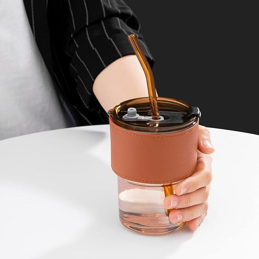 13 Ounce Glass Water Bottles with Glass Straw, Two in One Lids, Leather Protective Sleeve, 3.5 inch, 4.9 inch, 2.7 inch Glass Tumbler