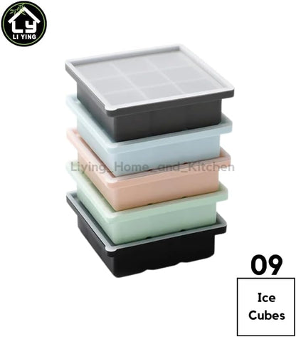 Liying Reusable 4cm Ice Cube Trays, Easy Release Silicone Square Ice Sphere Tray with Lids & Funnel for Whiskey, Cocktails (9 Square Ice Cube in 1 Tray)