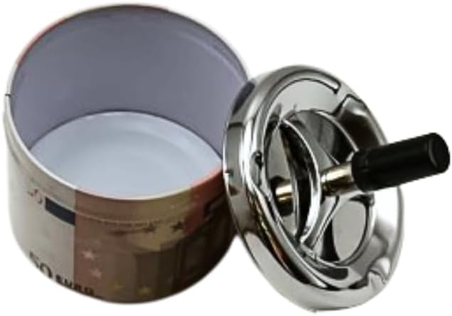 Liying Euro Currency Design Round Push Down Ashtray with Spinning Tray Metal Cigarette Ashtray (10cm) Inches Home Ashtray for Indoor and Outdoor, Home, Office Tabletop Decoration
