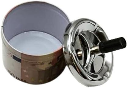 Liying Euro Currency Design Round Push Down Ashtray with Spinning Tray Metal Cigarette Ashtray (10cm) Inches Home Ashtray for Indoor and Outdoor, Home, Office Tabletop Decoration