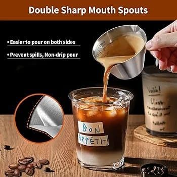 Liying 1Pcs Stainless Steel Espresso Cups 100ml, Espresso Accessories, Double Spout Metal Measuring Cup with Dual Scale, Espresso Shots Cup with Handle, Coffee Bean Weighing (Silver)