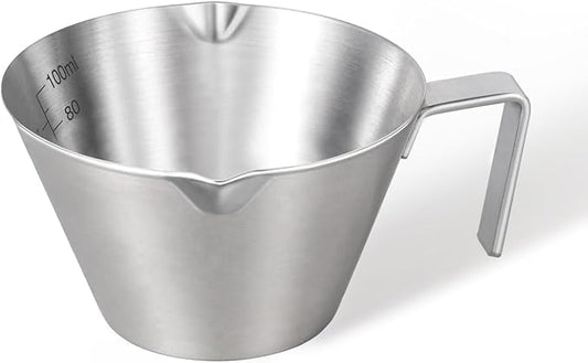 Liying 1Pcs Stainless Steel Espresso Cups 100ml, Espresso Accessories, Double Spout Metal Measuring Cup with Dual Scale, Espresso Shots Cup with Handle, Coffee Bean Weighing (Silver)