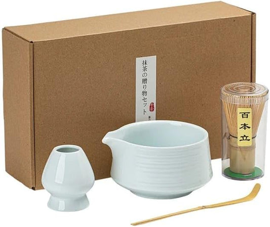 Liying Japanese MatchaSet Includes Matcha Bowl with Spout, Matcha Whisk Holder (chasen), Bamboo Matcha Whisk and Bamboo Scoop (Blue)