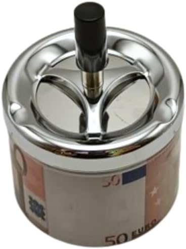 Liying Euro Currency Design Round Push Down Ashtray with Spinning Tray Metal Cigarette Ashtray (10cm) Inches Home Ashtray for Indoor and Outdoor, Home, Office Tabletop Decoration