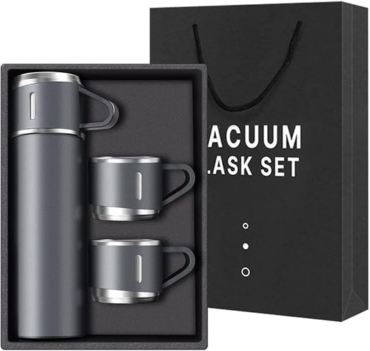 Liying Coffee Thermos Stainless Steel Vacuum-Insulated Water Bottle, 500ml/16.9oz Insulated Bottle with Cup for Hot & Cold Drink Travel Mug (Grey, Three Cup)