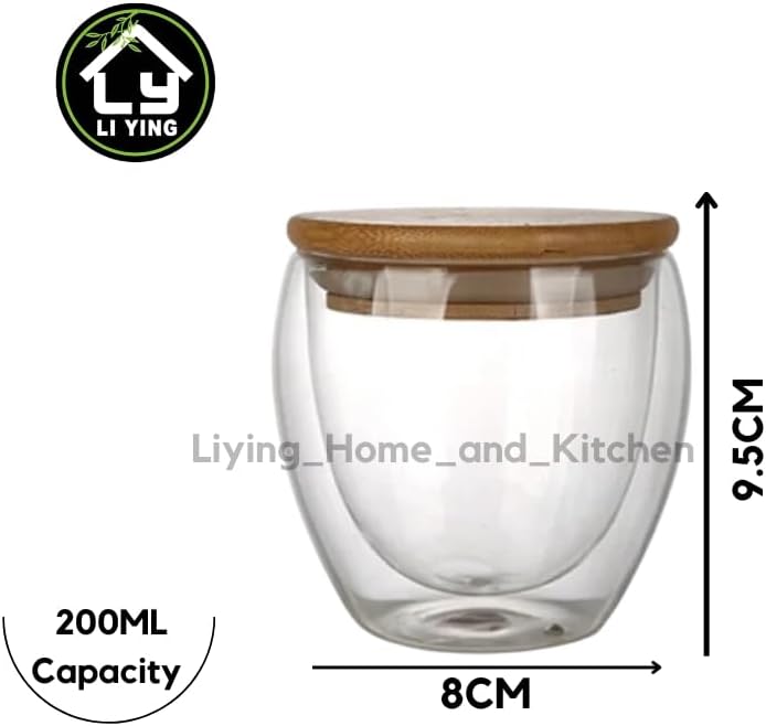Liying Double-walled Borosilicate Clear Glass 200ML Coffee Mug with Bamboo Lid for Hot or Iced Coffee, Milk, Latte,Cappuccinos & Cocktails (Small)