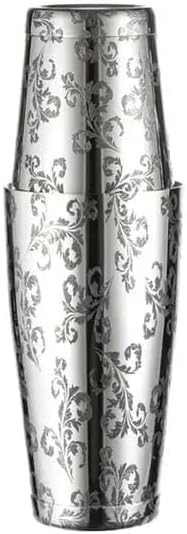 Liying Stainless Steel Boston Cocktail Shaker 750ml, Drink Mixer with Built-in Strainer for Mixing Drinks Margaritas (Flower Deisgn | Silver)