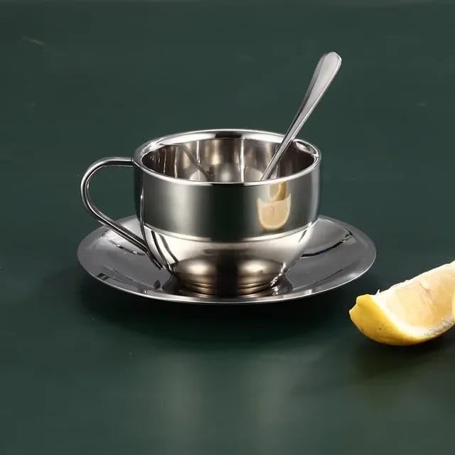 Liying 2Pcs Insulated Espresso Cup Stainless Steel Coffee Mugs Set (180ml), Double Walled Coffee Cup with Saucer and Spoon, Espresso Latte Cappuccino Milk Tea Cup
