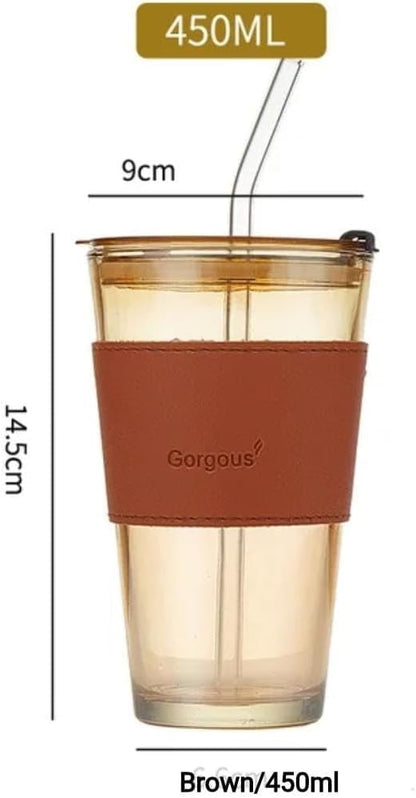 Liying 450ml Glass Coffee Tumbler with Straw and Lid Sealed Carry on, Glass Iced Coffee Cup, Leak-Proof Glass Tumbler Cup, Reusable Smoothie Mugs for Cold & Hot Drinks, Coffee, Tea, Shake (Brown)