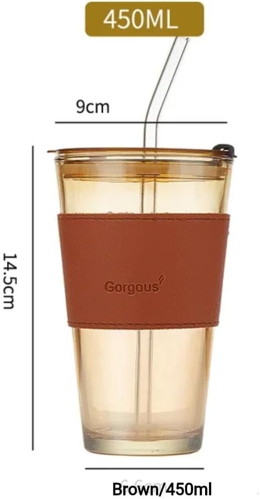 Liying 450ml Glass Coffee Tumbler with Straw and Lid Sealed Carry on, Glass Iced Coffee Cup, Leak-Proof Glass Tumbler Cup, Reusable Smoothie Mugs for Cold & Hot Drinks, Coffee, Tea, Shake (Brown)