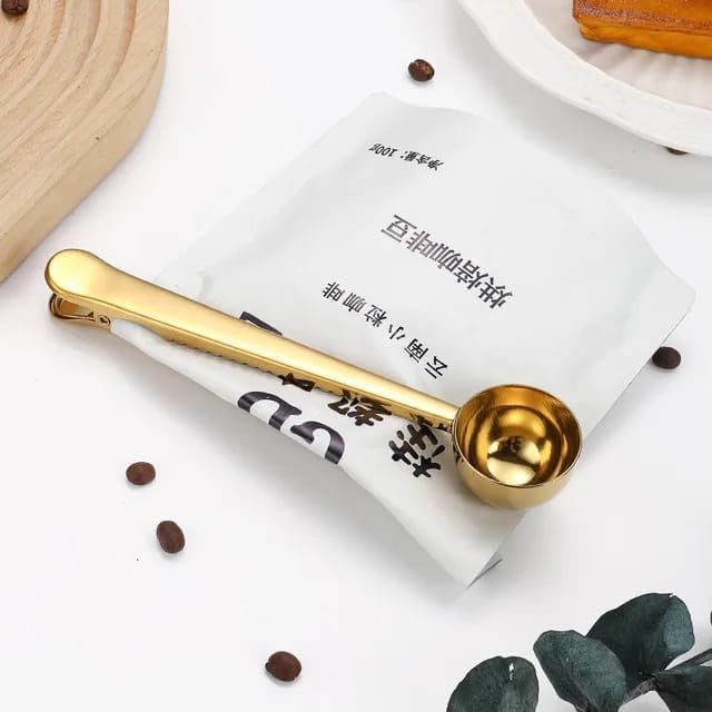 Liying Coffee Scoop Clip Stainless Steel Tablespoon Coffee Spoon With long handle Multifunction Sealing Bag Clip For Tea, Coffee, Protein Powder, Instant Drinks (Gold)