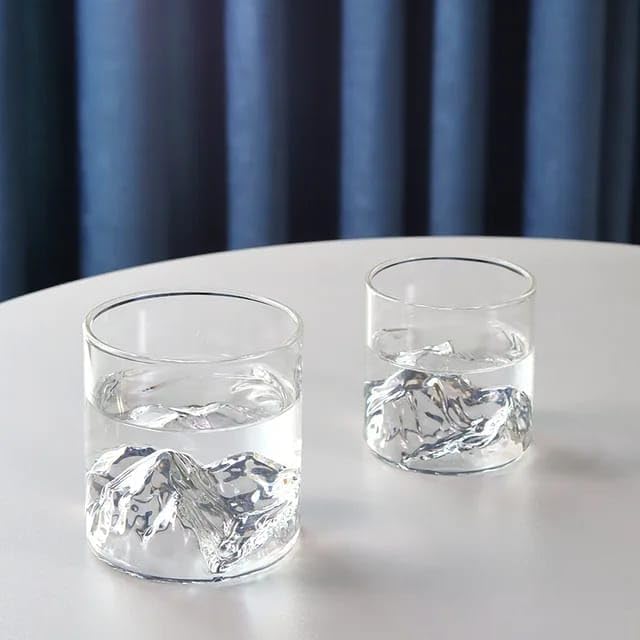 Liying 3Pcs Mountain Design Coffee Mug, 150ml Glass Cup, Large Wide Mouth Clear Glass Tea Cup Aesthetic Stripe Glassware for Coffee, Tea, Dessert, Beverage