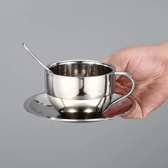 Liying 2Pcs Insulated Espresso Cup Stainless Steel Coffee Mugs Set (180ml), Double Walled Coffee Cup with Saucer and Spoon, Espresso Latte Cappuccino Milk Tea Cup