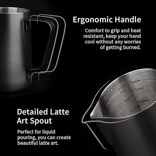 Liying Stainless Steel Milk Frothing Pitcher 350ml - Espresso Steaming Pitcher for Cappuccino, Latte Art, Coffee Machine Accessories Milk Jug Milk Frother Cup, Black
