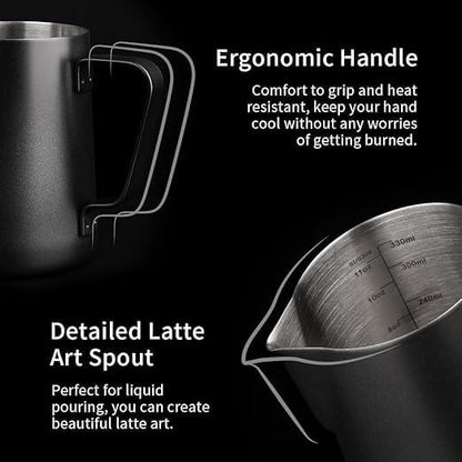 Liying Stainless Steel Milk Frothing Pitcher 350ml - Espresso Steaming Pitcher for Cappuccino, Latte Art, Coffee Machine Accessories Milk Jug Milk Frother Cup, Black