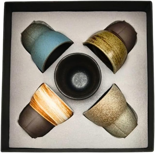 Liying Ceramic Coffee Cup Set, 100ml, 5 Pieces, Handmade Art Design, Shiny Brown with Gift Box