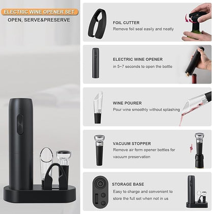 Liying Electric Wine Opener Set, Rechargeable Electric Corkscrew Wine Opener With Charging Base, Foil Cutter, Wine Aerator And Vacuum Stopper, Gifts For Wine Lovers, Black