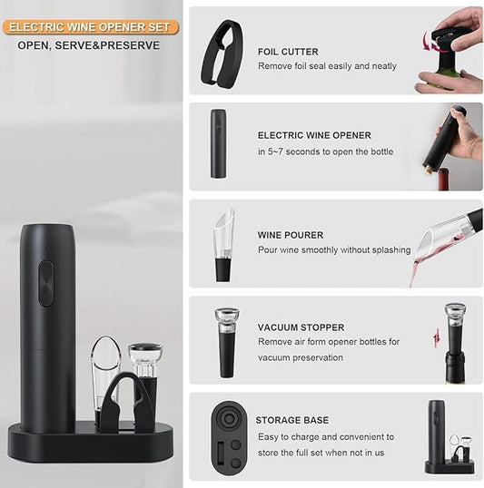 Liying Electric Wine Opener Set, Rechargeable Electric Corkscrew Wine Opener With Charging Base, Foil Cutter, Wine Aerator And Vacuum Stopper, Gifts For Wine Lovers, Black