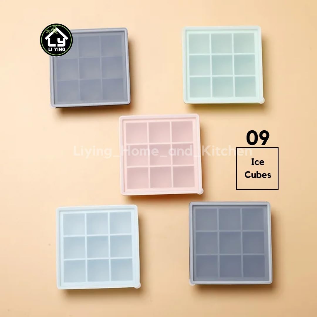 Liying Reusable 4cm Ice Cube Trays, Easy Release Silicone Square Ice Sphere Tray with Lids & Funnel for Whiskey, Cocktails (9 Square Ice Cube in 1 Tray)