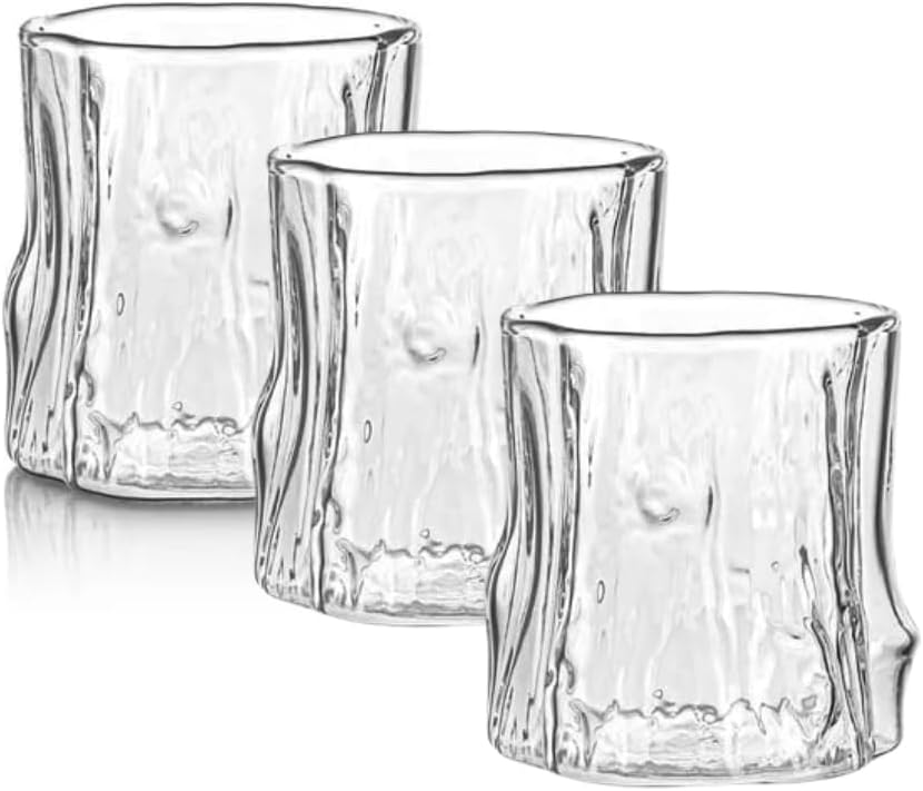 Liying 3Pcs Stump Design Coffee Cup, 275ml Glass Cup, Large Wide Mouth Clear Glass Tea Cup Aesthetic Stripe Glassware for Coffee, Tea, Dessert, Beverage
