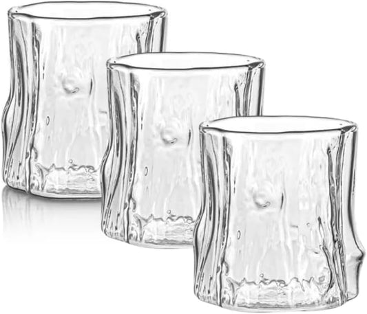 Liying 3Pcs Stump Design Coffee Cup, 275ml Glass Cup, Large Wide Mouth Clear Glass Tea Cup Aesthetic Stripe Glassware for Coffee, Tea, Dessert, Beverage