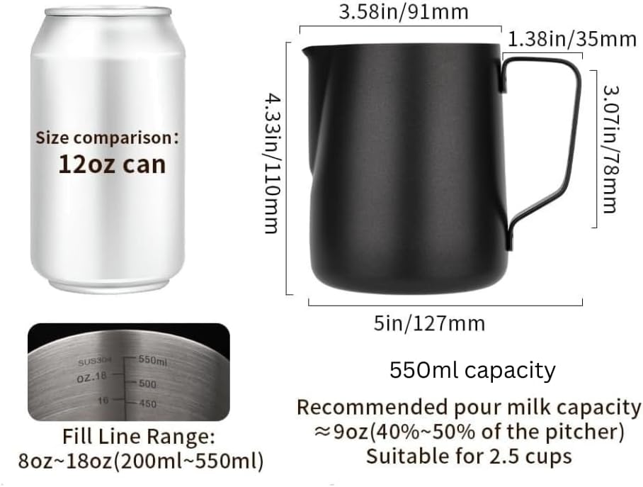 Liying Stainless Steel Milk Frothing Pitcher 550ml - Espresso Steaming Pitcher for Cappuccino, Latte Art, Coffee Machine Accessories Milk Jug Milk Frother Cup, Black