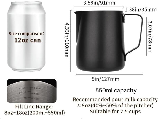 Liying Stainless Steel Milk Frothing Pitcher 550ml - Espresso Steaming Pitcher for Cappuccino, Latte Art, Coffee Machine Accessories Milk Jug Milk Frother Cup, Black