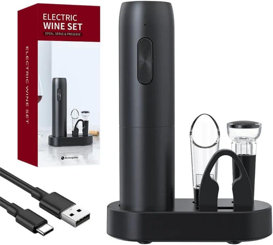 Liying Electric Wine Opener Set, Rechargeable Electric Corkscrew Wine Opener With Charging Base, Foil Cutter, Wine Aerator And Vacuum Stopper, Gifts For Wine Lovers, Black