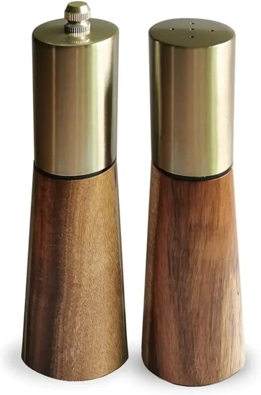 Liying Salt Shaker and Pepper Grinder with Tray, High Strength Ceramic Grinding Core, Refillable Salt Shaker & Pepper Mill Adjustable for Customized Coarseness (Gold)