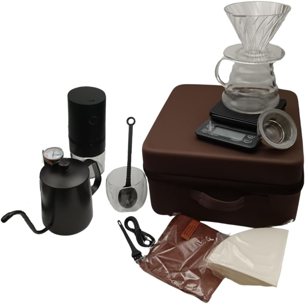 Liying 12Pcs Travel Coffee Set with Goose Neck Kettle, Digital Scale, Double Walled Glass Mug, Glass Server, Electric Grinder, Acrylic Dipper, 100 pcs Paper Filter, towel and Scope for Drip Coffee