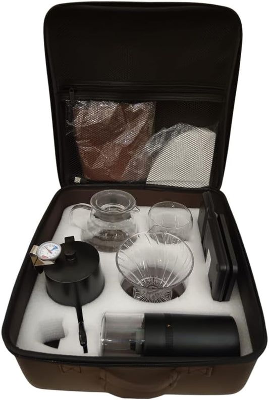 Liying 12Pcs Travel Coffee Set with Goose Neck Kettle, Digital Scale, Double Walled Glass Mug, Glass Server, Electric Grinder, Acrylic Dipper, 100 pcs Paper Filter, towel and Scope for Drip Coffee