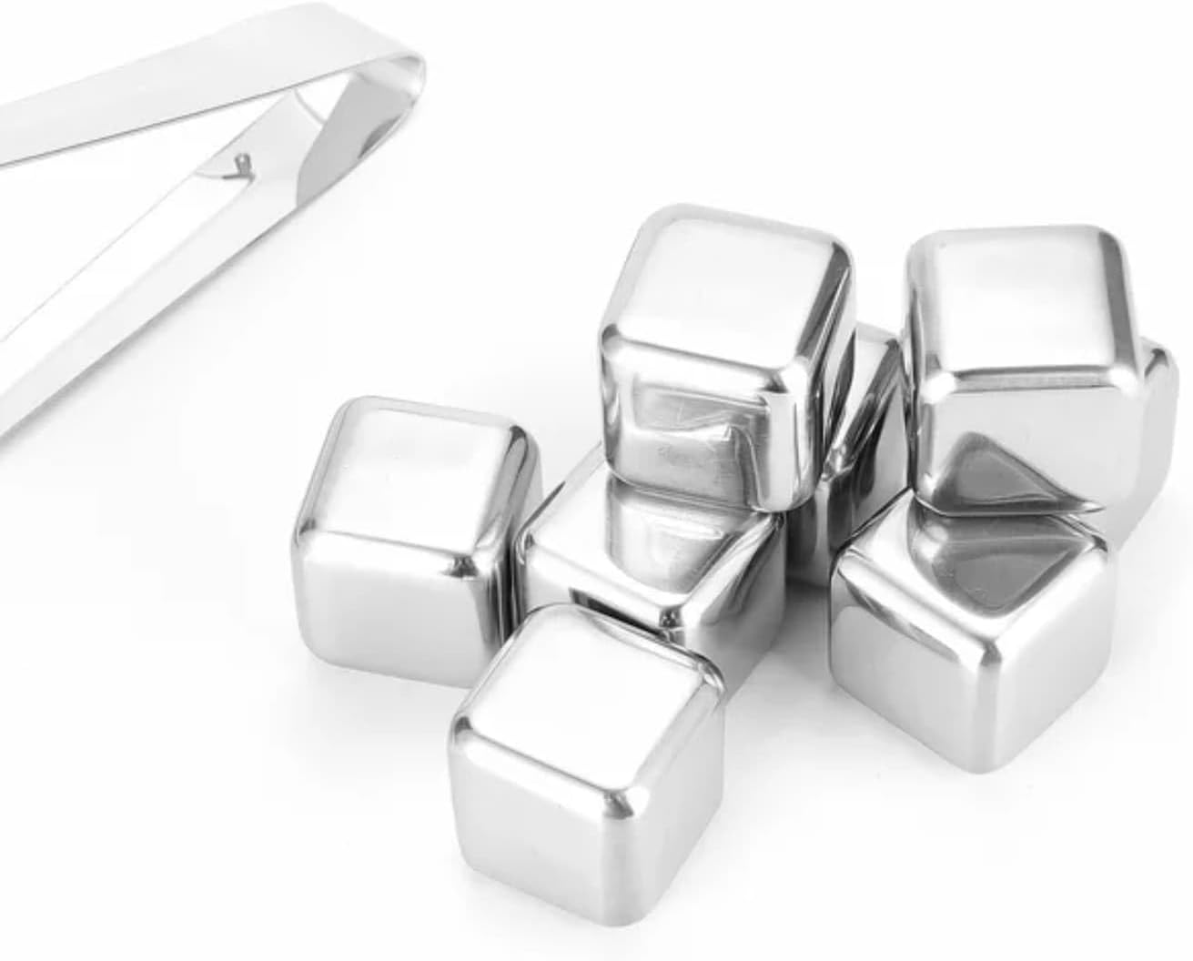 Liying 8pcs Stainless Steel Reusable Ice Cubes with Barman Tongs and Freezer Tray for cold coffee, Chill Drinks