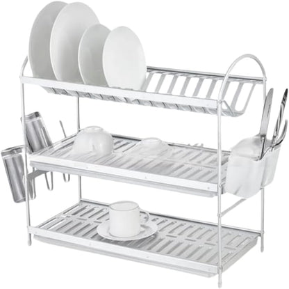 Liying 3-tier Dish Rack with Cup Holder, Dish Drainer with Automatic Drainage, Drainboard and Aluminum Utensil Holder Large Capacity