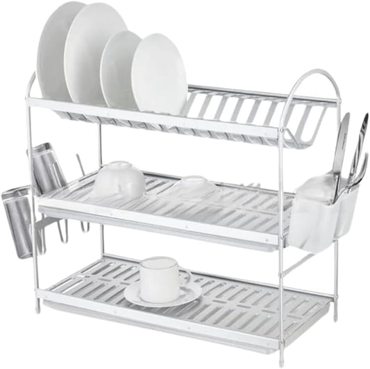 Liying 3-tier Dish Rack with Cup Holder, Dish Drainer with Automatic Drainage, Drainboard and Aluminum Utensil Holder Large Capacity