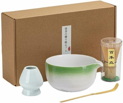 Liying Japanese Matcha Set Includes Matcha Bowl with Spout, Matcha Whisk Holder (chasen), Bamboo Matcha Whisk and Bamboo Scoop (Green)