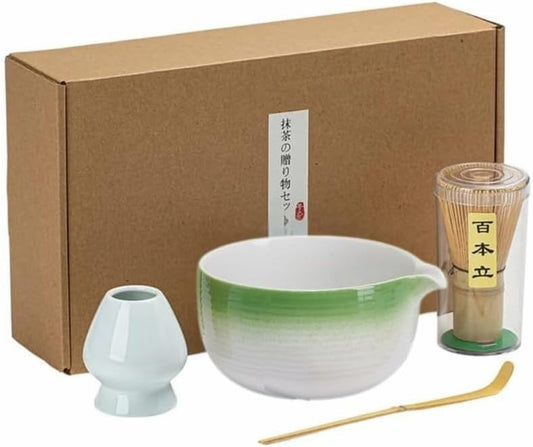 Liying Japanese Matcha Set Includes Matcha Bowl with Spout, Matcha Whisk Holder (chasen), Bamboo Matcha Whisk and Bamboo Scoop (Green)