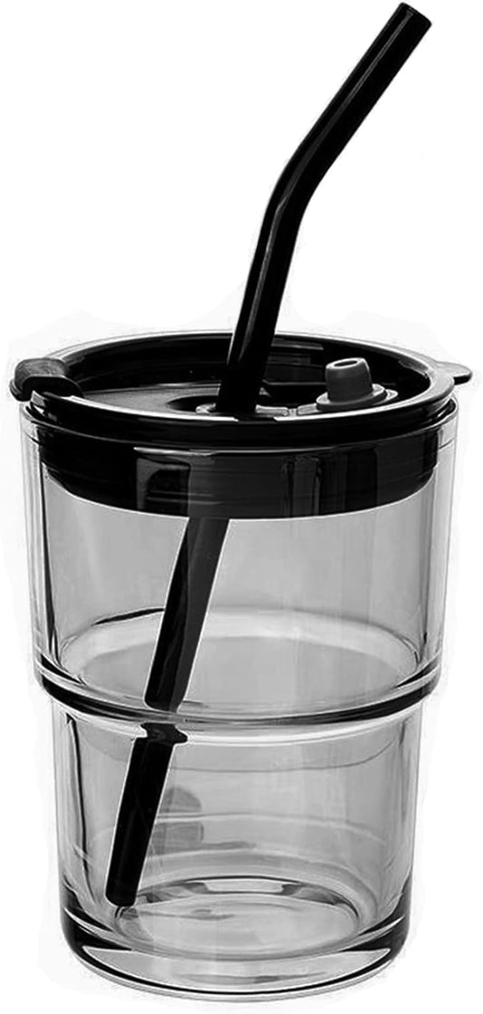 Liying 350ml Glass Coffee Tumbler with Straw and Lid Sealed Carry on, Glass Iced Coffee Cup, Leak-Proof Glass Tumbler Cup, Reusable Smoothie Mugs for Cold & Hot Drinks, Coffee, Tea, Shake (Black)