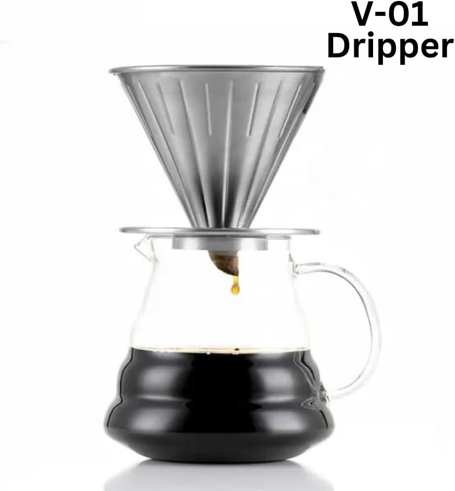Liying 01Pcs- V01 Pour Over Coffee Dripper Stainless Steel without handle Metal Reusable Cone Coffee Filter Slow Brewing Accessories for Home Cafe Restaurants