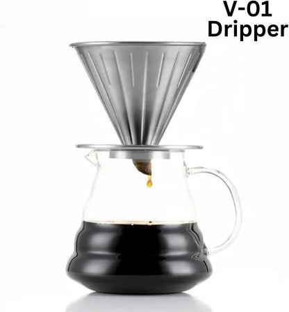 Liying 01Pcs- V01 Pour Over Coffee Dripper Stainless Steel without handle Metal Reusable Cone Coffee Filter Slow Brewing Accessories for Home Cafe Restaurants