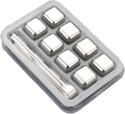 Liying 8pcs Stainless Steel Reusable Ice Cubes with Barman Tongs and Freezer Tray for cold coffee, Chill Drinks