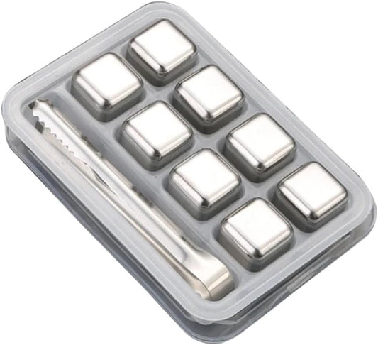 Liying 8pcs Stainless Steel Reusable Ice Cubes with Barman Tongs and Freezer Tray for cold coffee, Chill Drinks